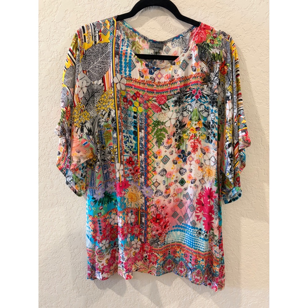Shana Apparel Multi Color Popover Top Floral Patchwork Boho NWT 24436multi Large